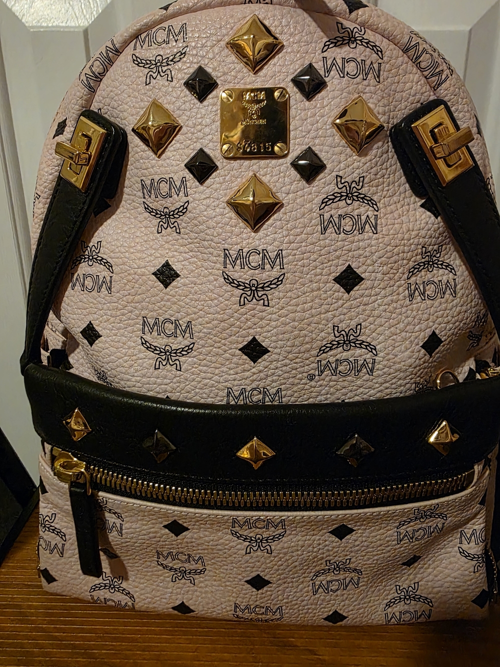 MCM Pink Logo Studded Mini Backpack